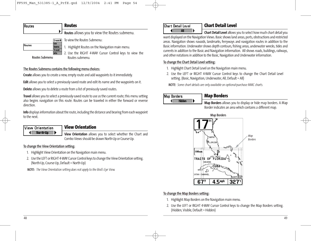 Humminbird 595C manual Routes, Chart Detail Level, Map Borders 