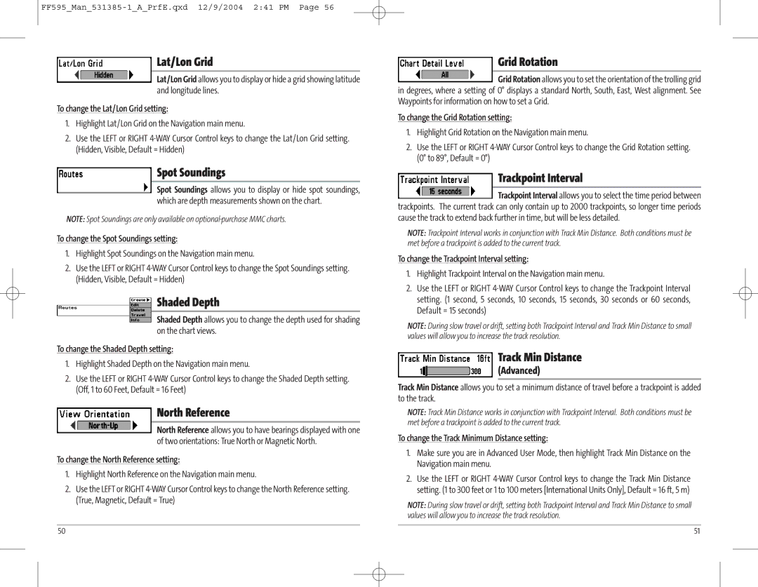 Humminbird 595C manual Lat/Lon Grid, Spot Soundings, Shaded Depth, North Reference, Grid Rotation, Trackpoint Interval 