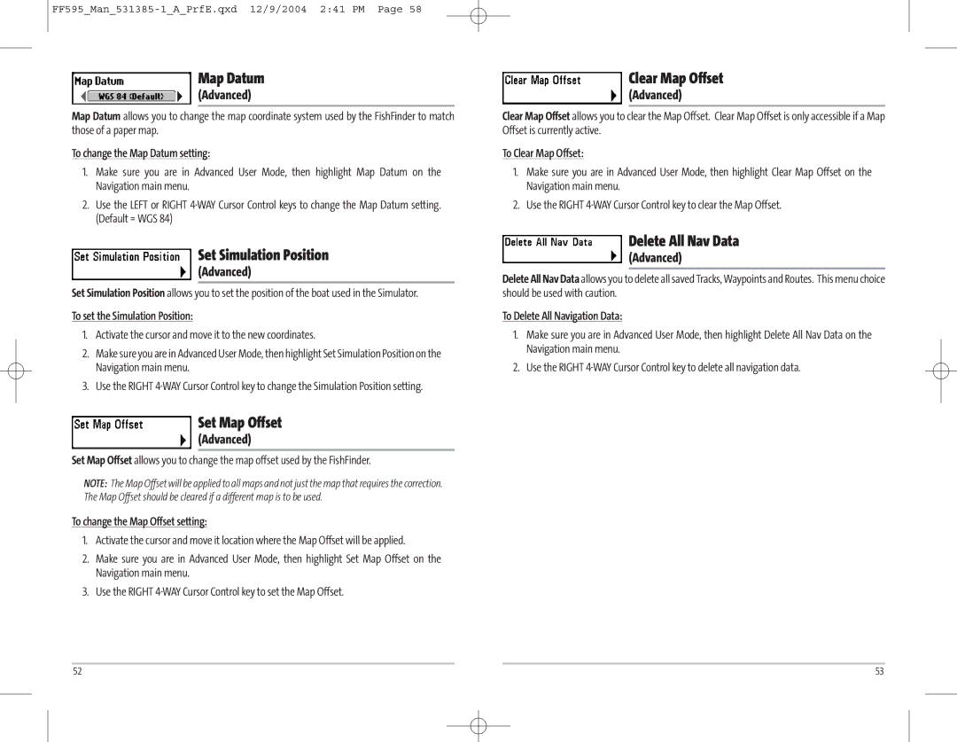 Humminbird 595C manual Map Datum, Set Simulation Position, Set Map Offset, Clear Map Offset, Delete All Nav Data 