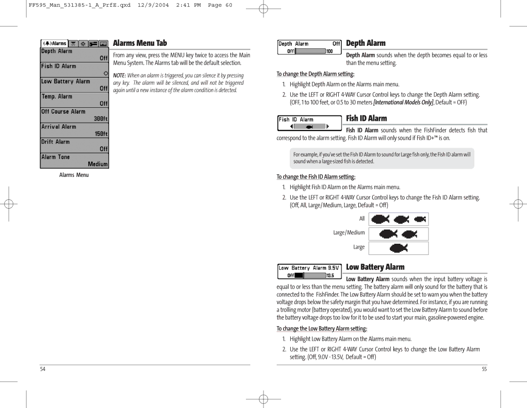 Humminbird 595C manual Alarms Menu Tab, Depth Alarm, Fish ID Alarm, Low Battery Alarm 
