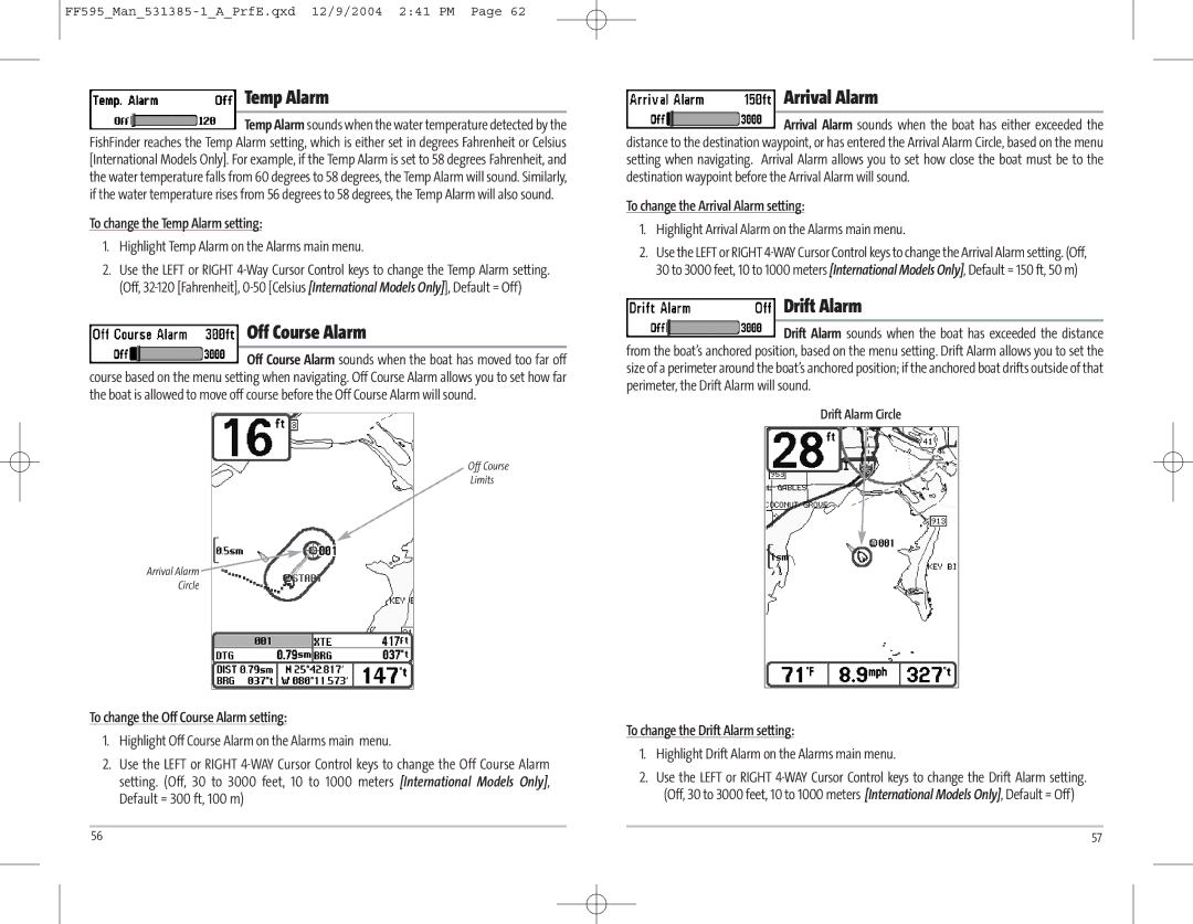 Humminbird 595C manual Temp Alarm, Off Course Alarm, Arrival Alarm, Drift Alarm 
