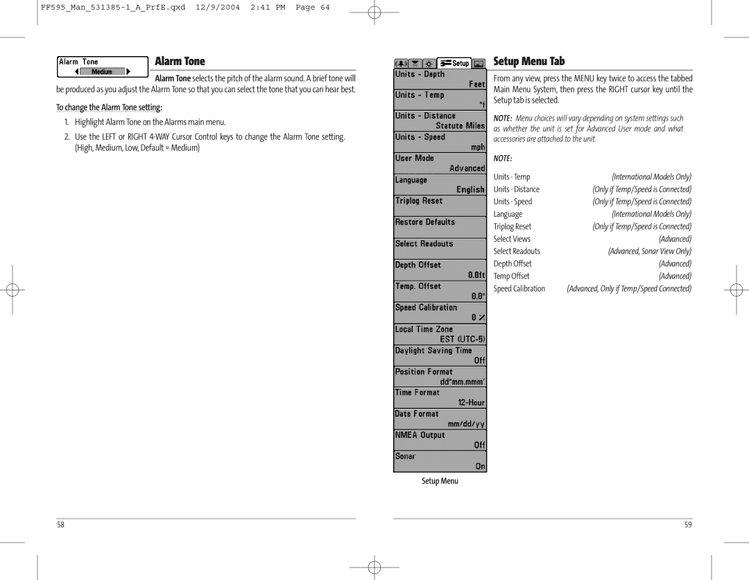 Humminbird 595C manual Setup Menu Tab, To change the Alarm Tone setting, Setup tab is selected 