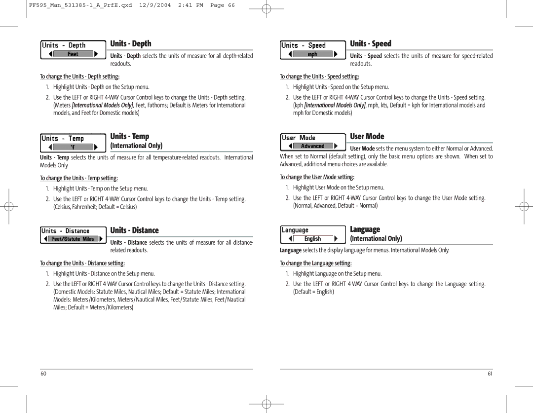 Humminbird 595C manual Units Depth, Units Speed, Units Temp, Units Distance, User Mode, Language 