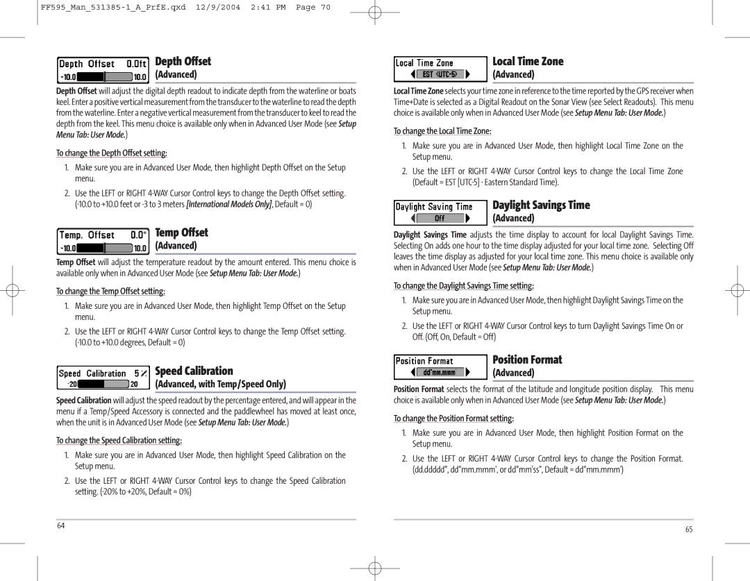 Humminbird 595C Depth Offset, Temp Offset, Speed Calibration, Local Time Zone, Daylight Savings Time, Position Format 