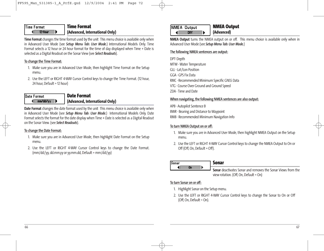 Humminbird 595C manual Time Format, Date Format, Nmea Output, Sonar, Advanced, International Only 