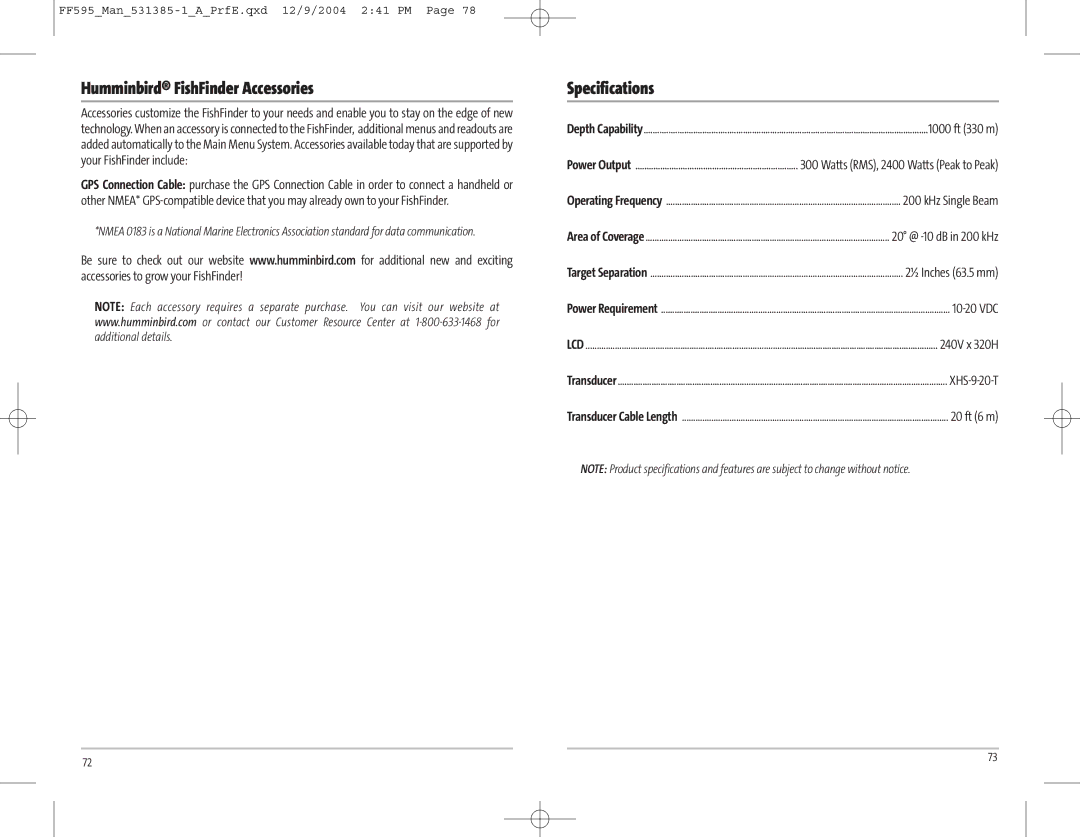 Humminbird 595C manual Humminbird FishFinder Accessories, Specifications 