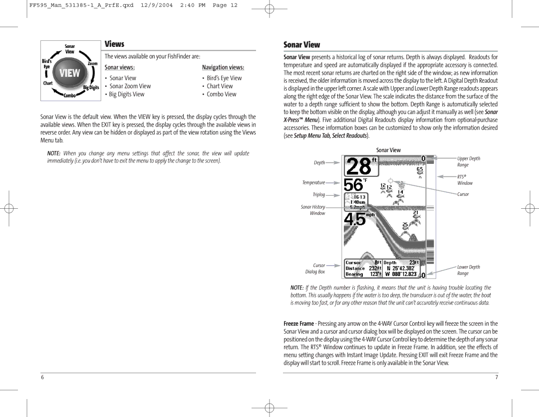 Humminbird 595C manual Views, Sonar View, Sonar views, Sonar Zoom View Chart View Big Digits View 