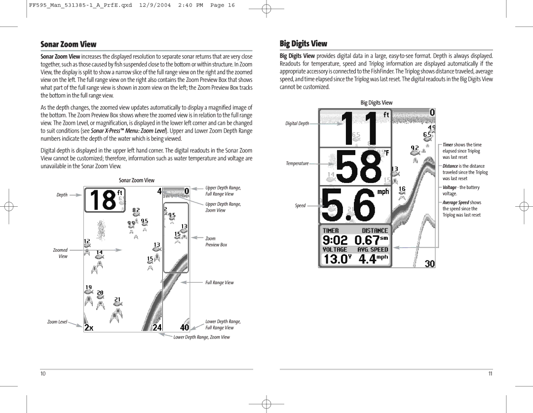 Humminbird 595C manual Sonar Zoom View, Big Digits View 