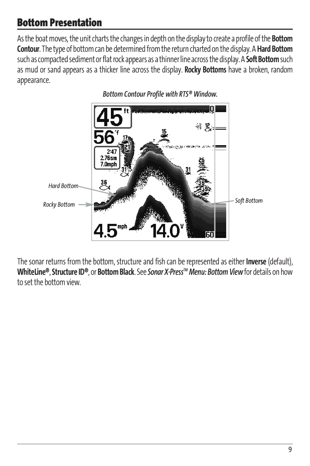 Humminbird 67 manual Bottom Presentation, Bottom Contour Profile with RTS Window 