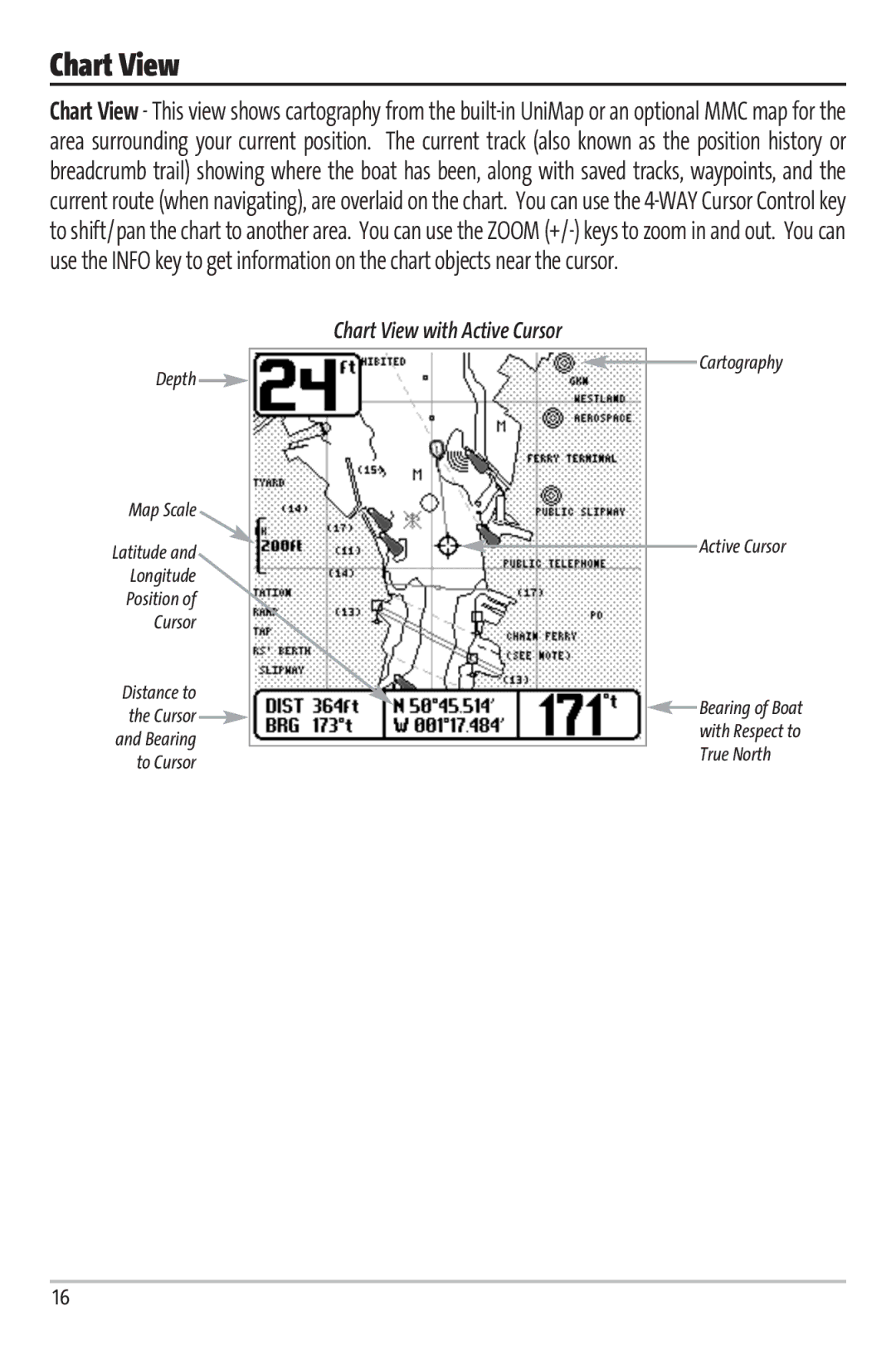 Humminbird 67 manual Chart View with Active Cursor 