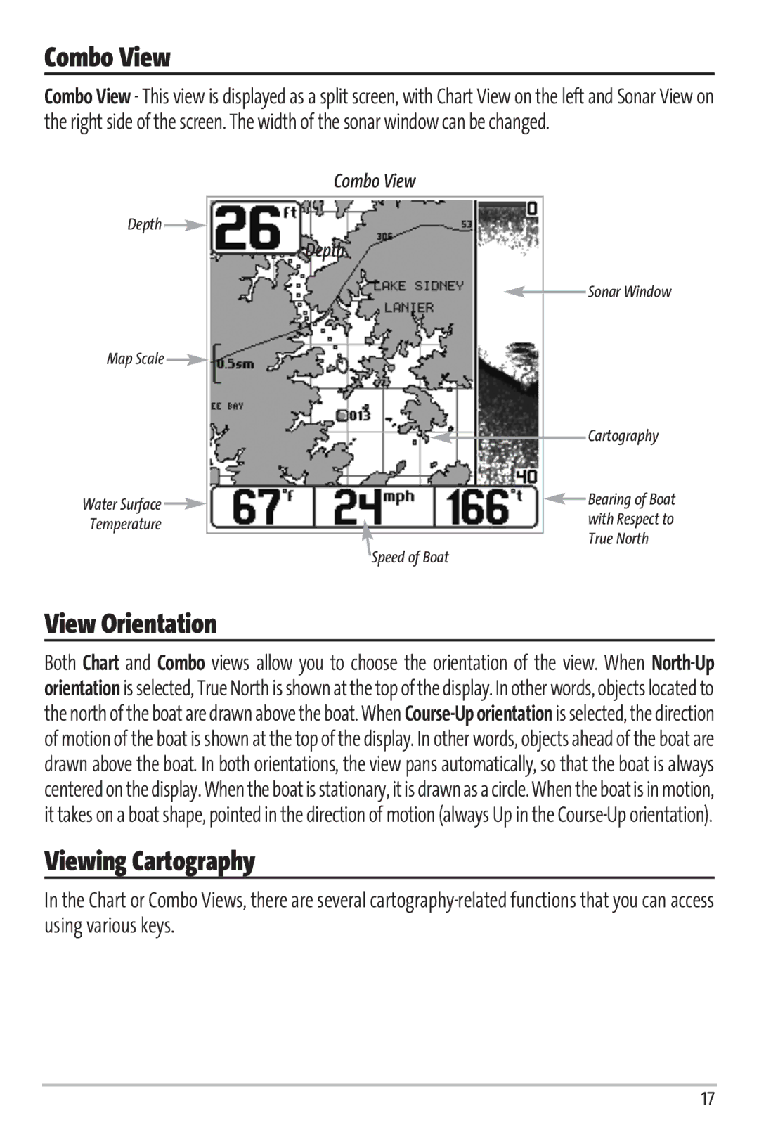 Humminbird 67 manual Combo View, View Orientation, Viewing Cartography, Depth 