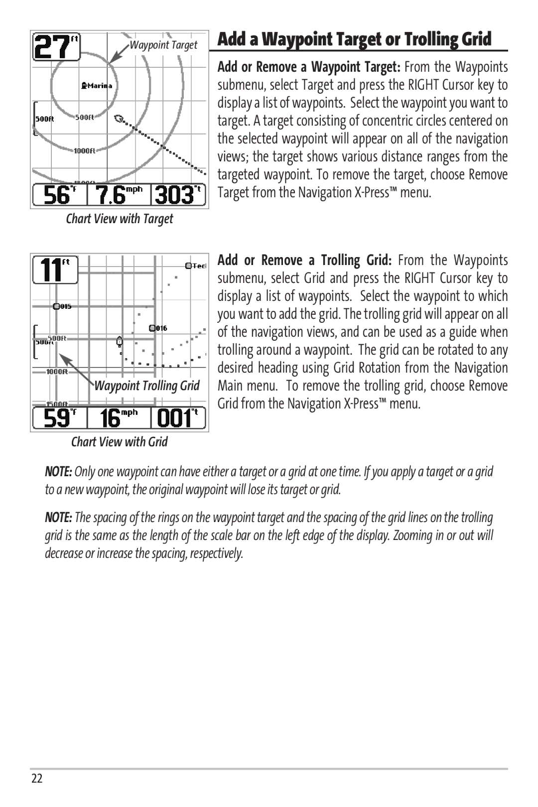 Humminbird 67 manual Add a Waypoint Target or Trolling Grid, Chart View with Grid 