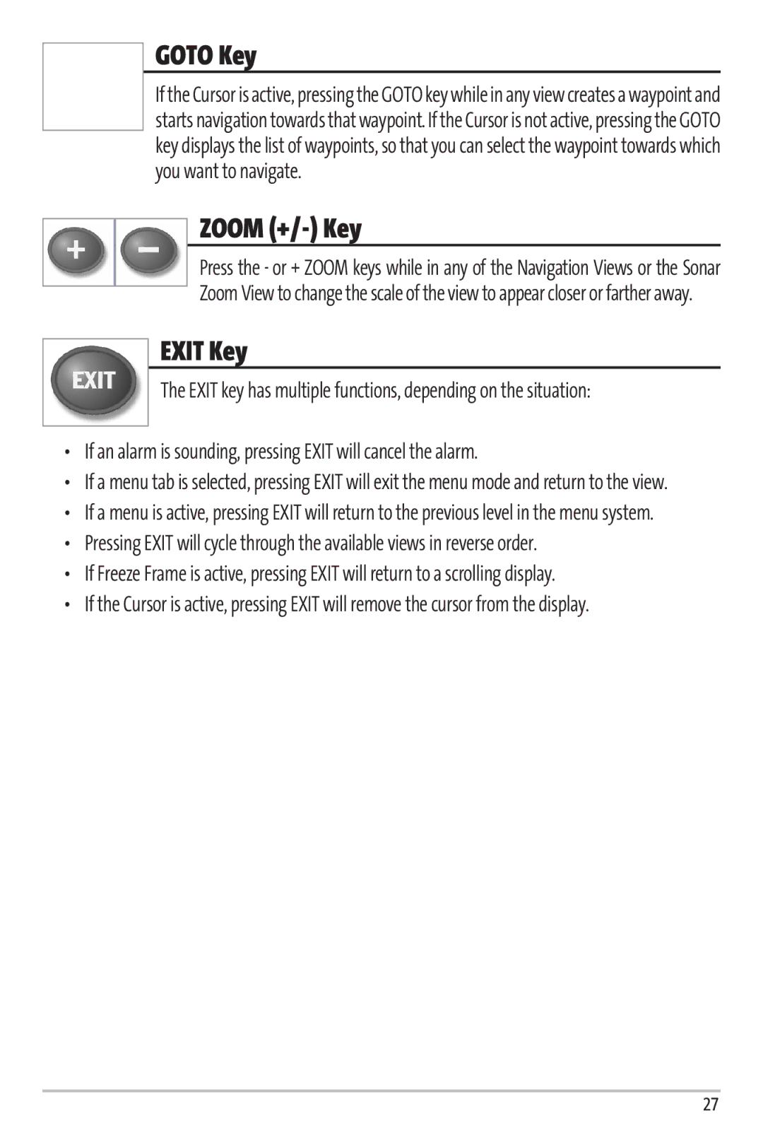 Humminbird 67 manual Goto Key, Zoom +/- Key, Exit Key 