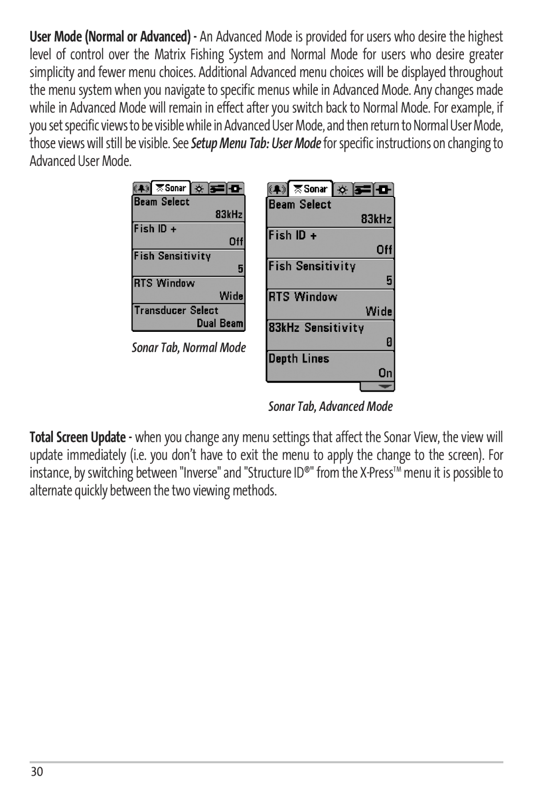 Humminbird 67 manual Sonar Tab, Normal Mode Sonar Tab, Advanced Mode 