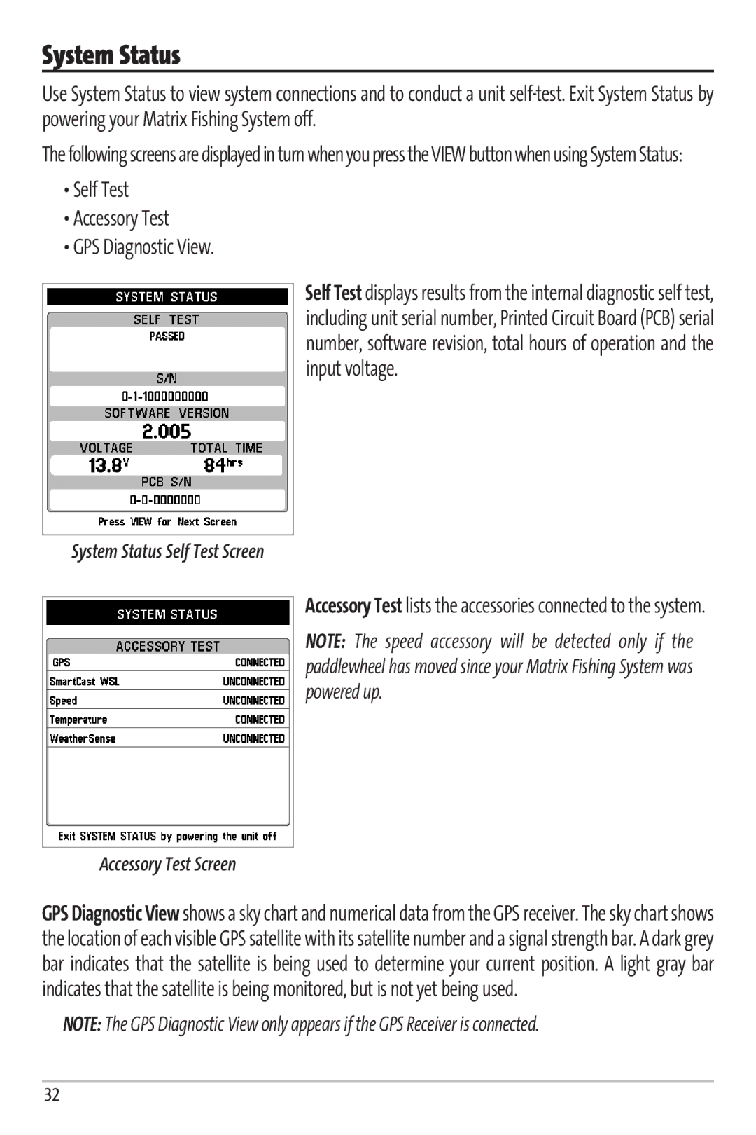 Humminbird 67 Self Test Accessory Test GPS Diagnostic View, System Status Self Test Screen, Accessory Test Screen 