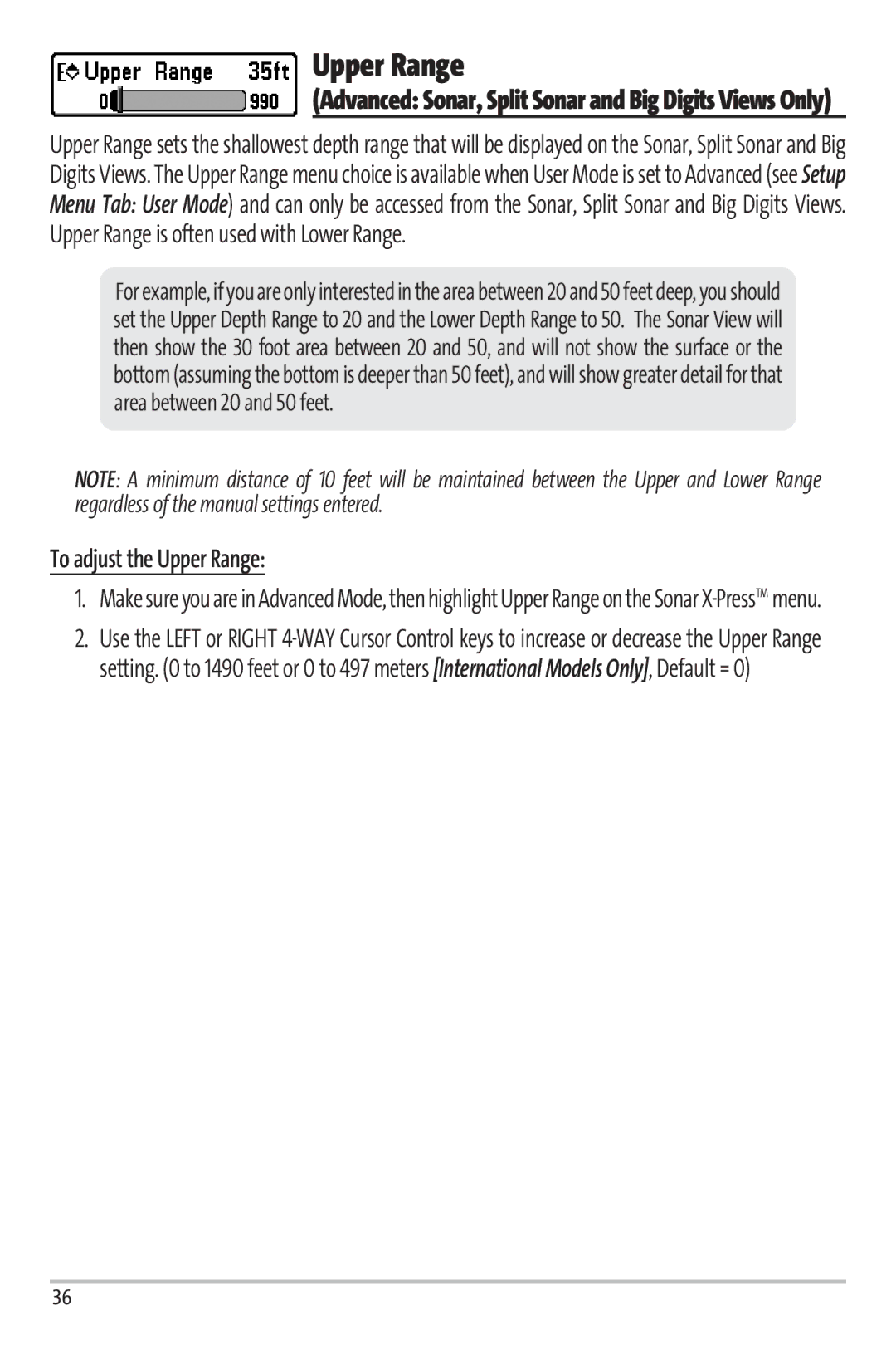 Humminbird 67 manual To adjust the Upper Range 