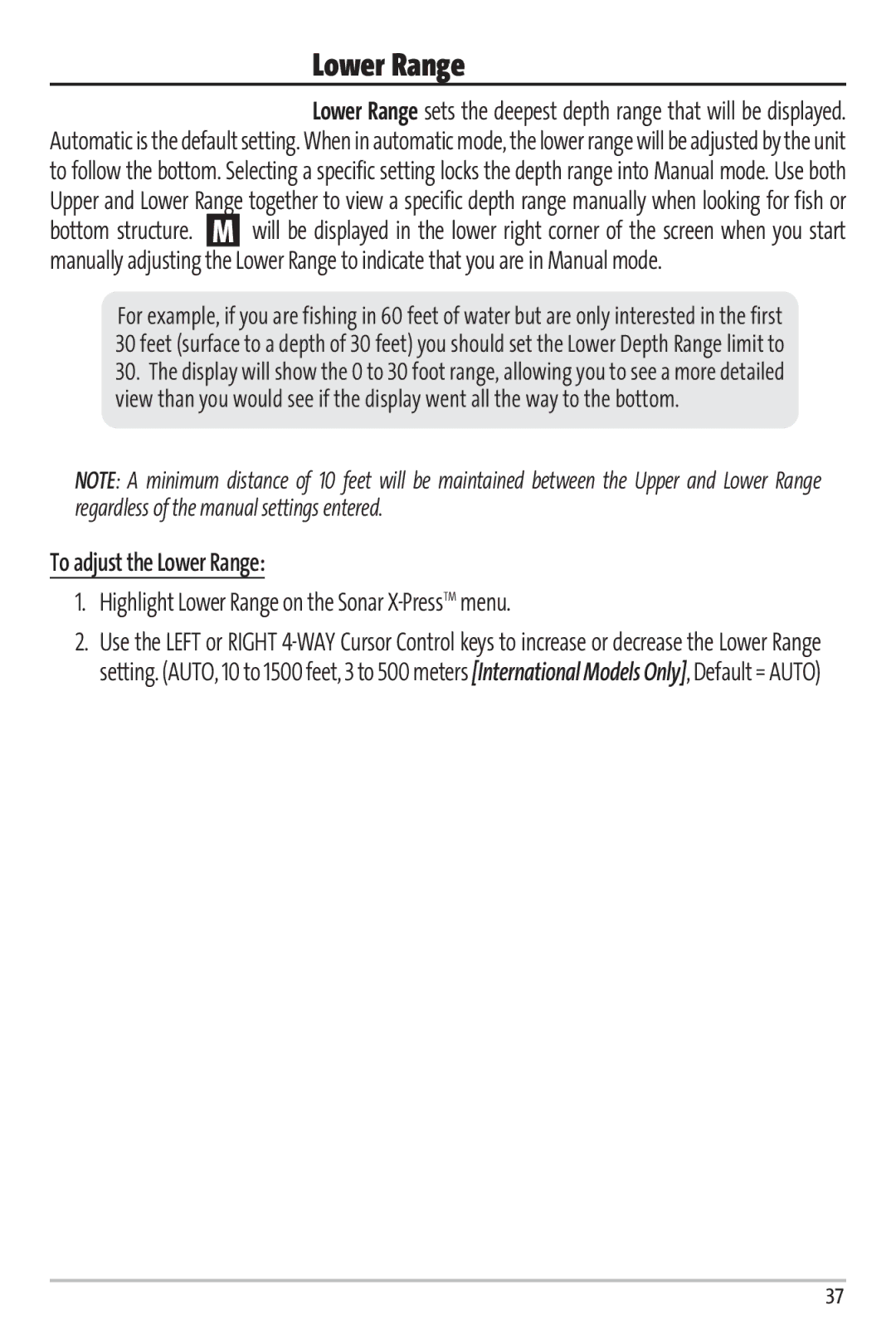 Humminbird 67 manual To adjust the Lower Range, Highlight Lower Range on the Sonar X-PressTMmenu 