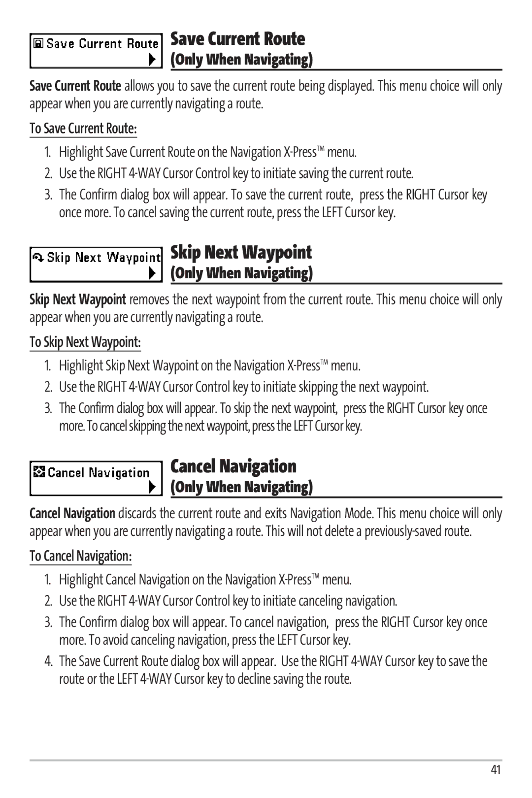 Humminbird 67 manual Save Current Route, Skip Next Waypoint, Cancel Navigation 