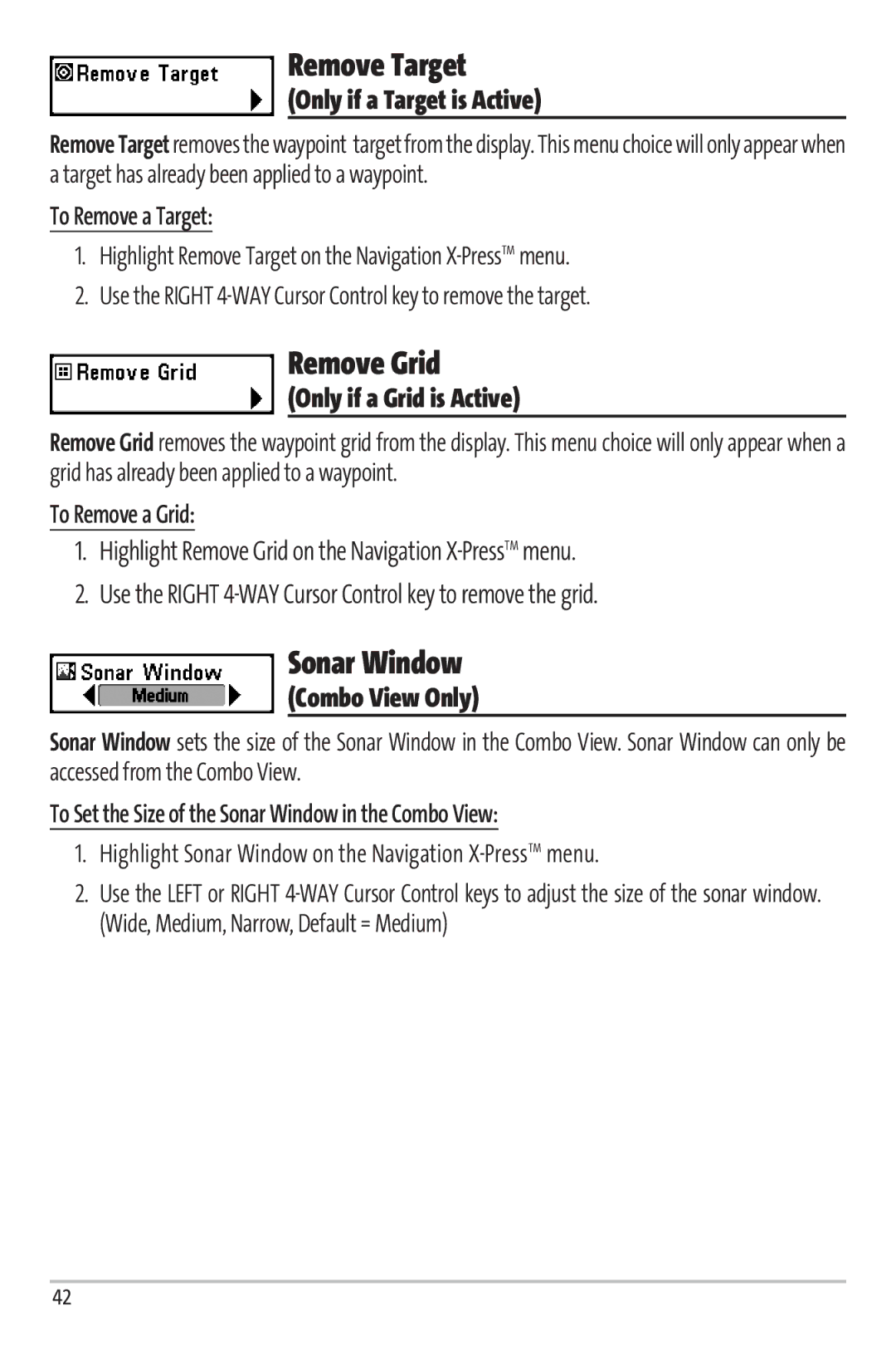 Humminbird 67 manual Remove Target, Remove Grid, Sonar Window 