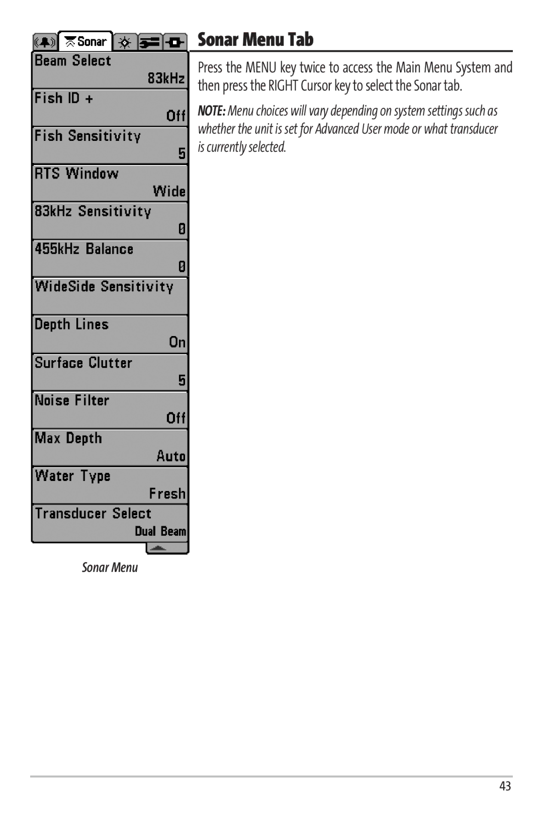 Humminbird 67 manual Sonar Menu Tab 