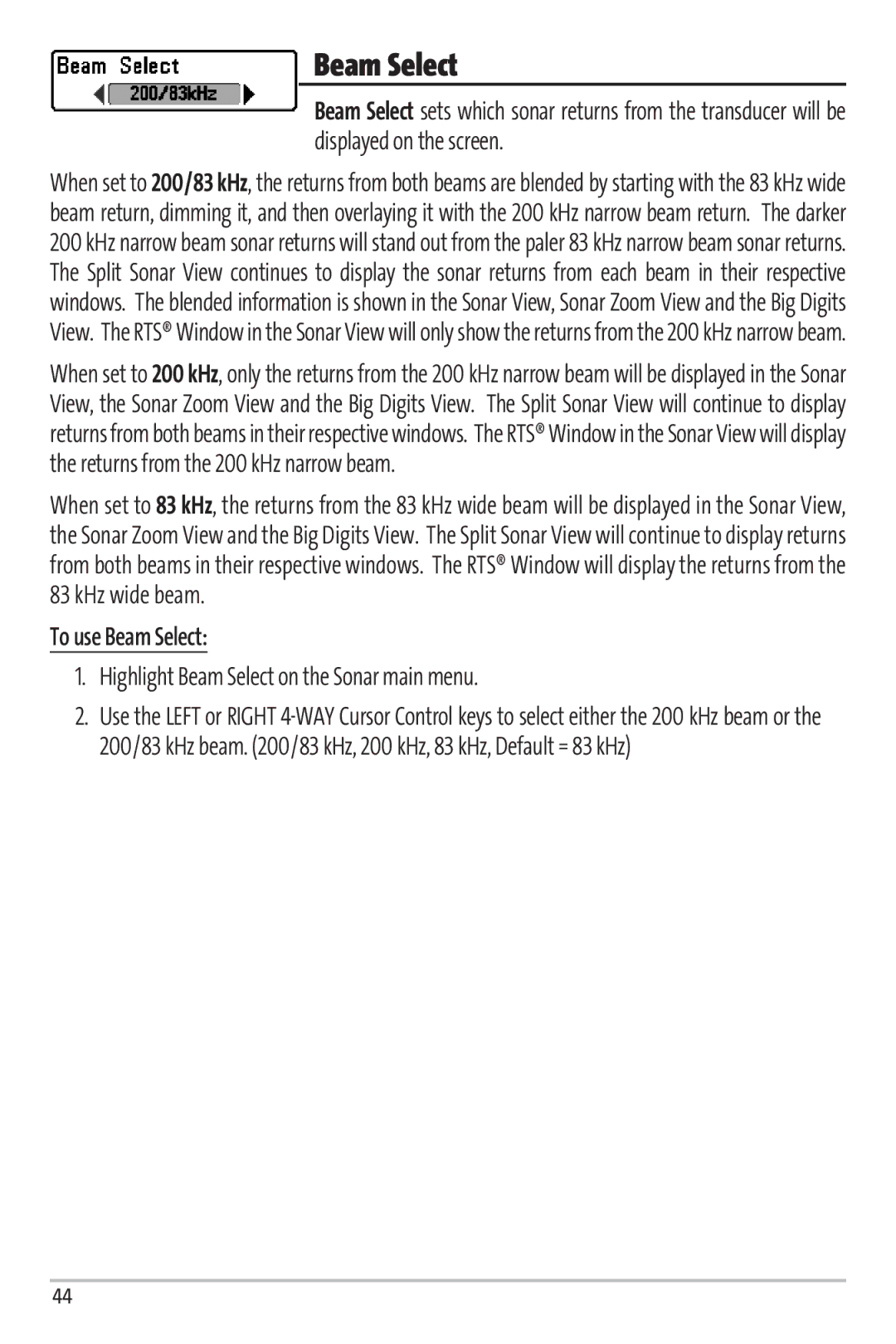 Humminbird 67 manual To use Beam Select, Highlight Beam Select on the Sonar main menu 