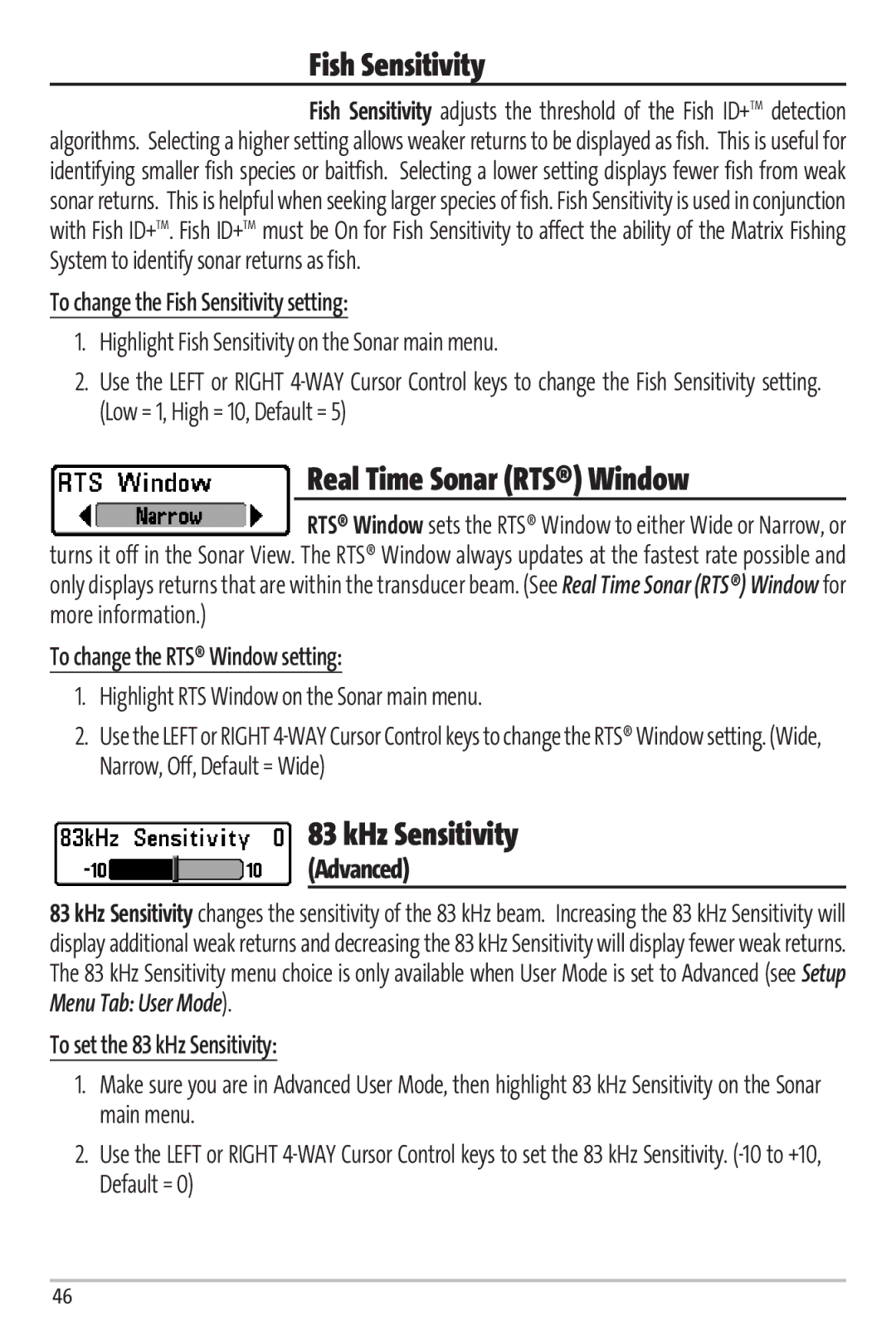 Humminbird 67 manual Fish Sensitivity, KHz Sensitivity 