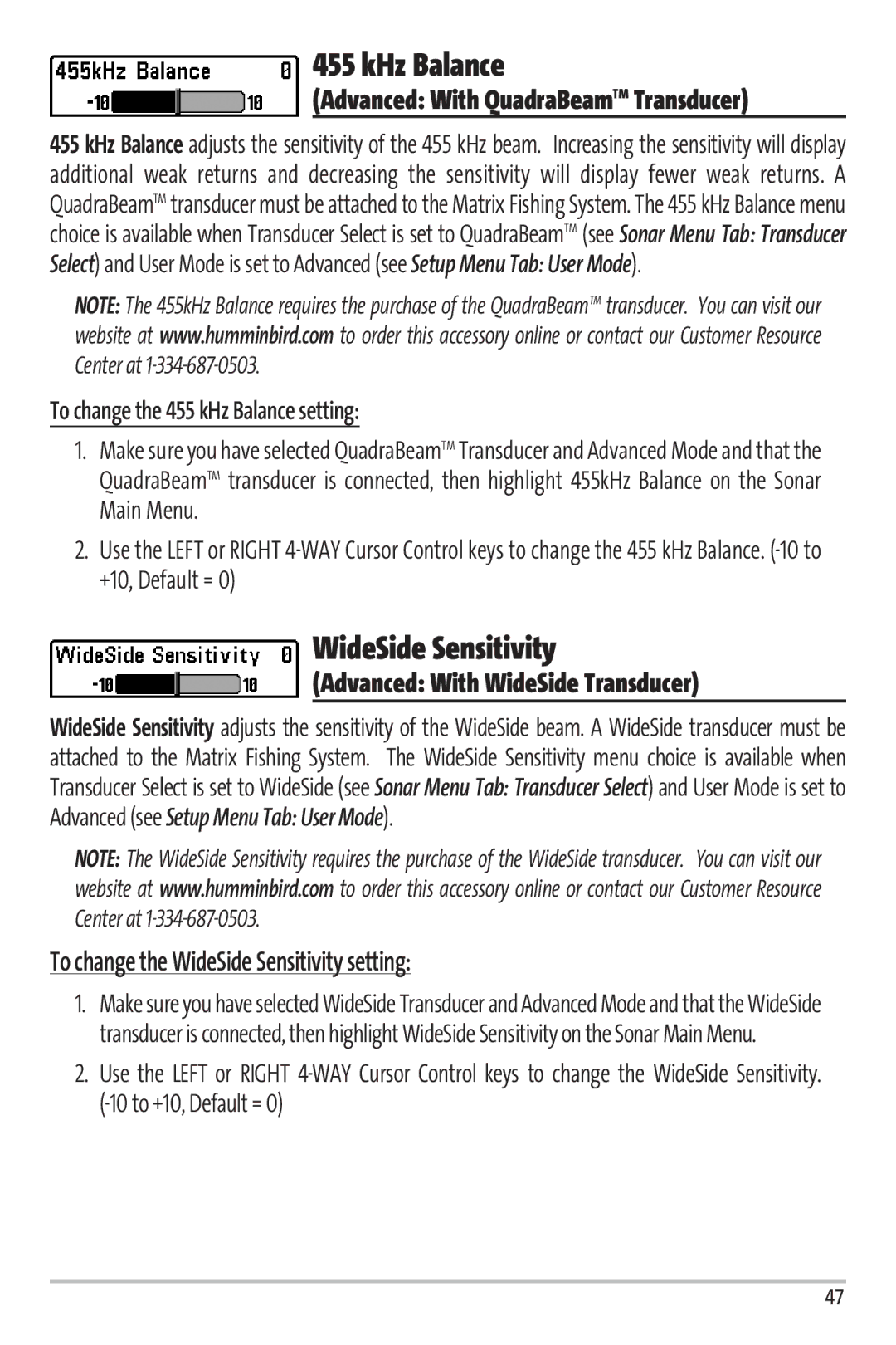 Humminbird 67 manual KHz Balance, WideSide Sensitivity 