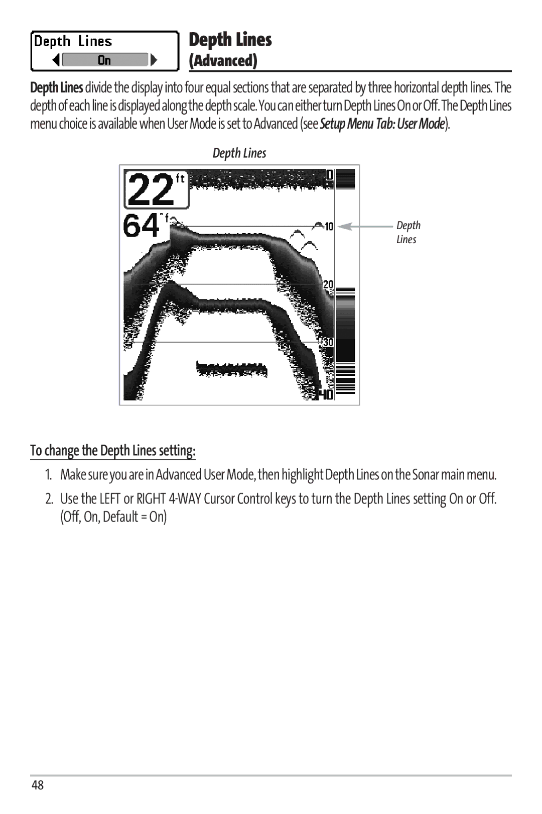 Humminbird 67 manual To change the Depth Lines setting 