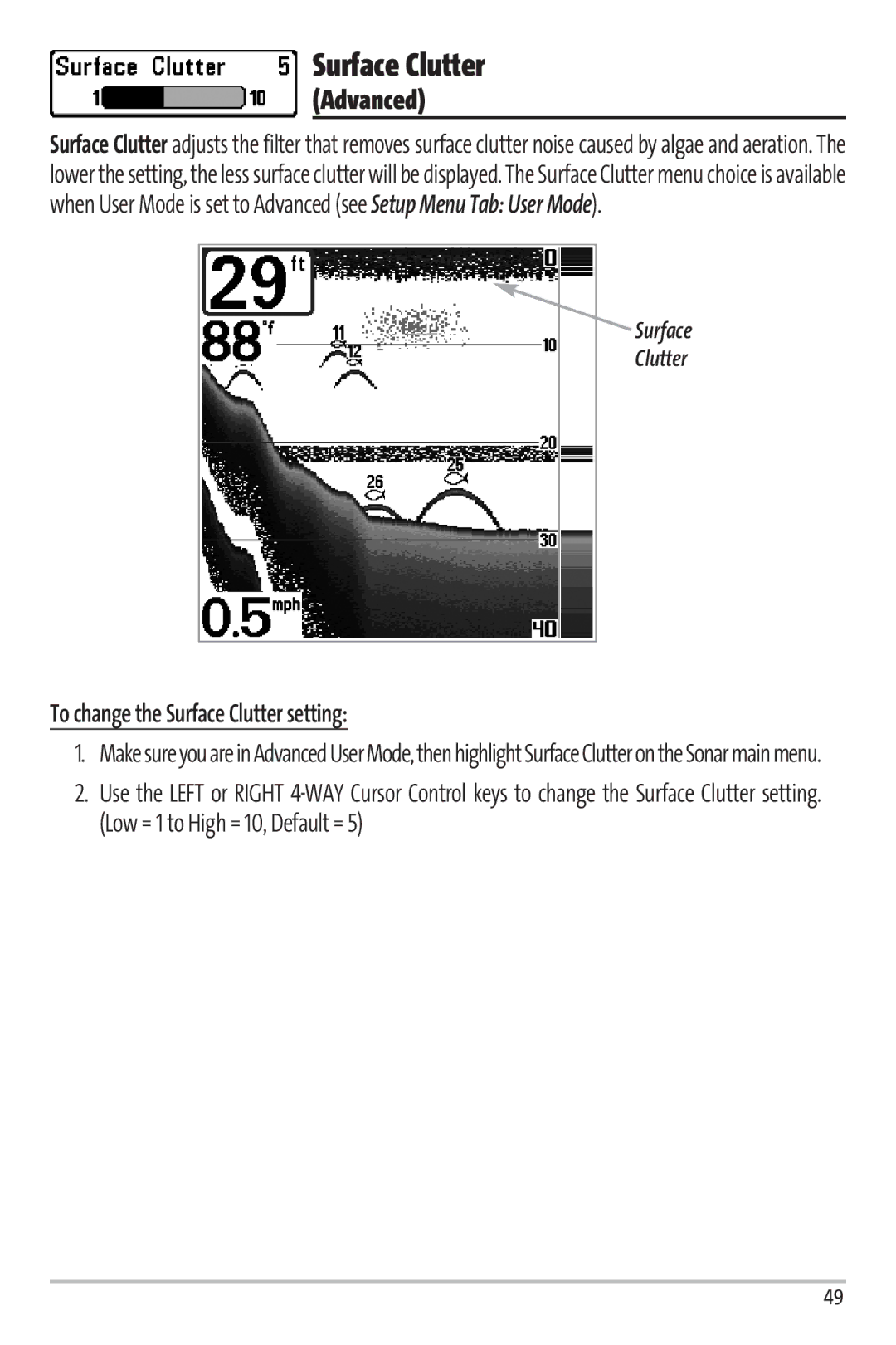 Humminbird 67 manual To change the Surface Clutter setting 