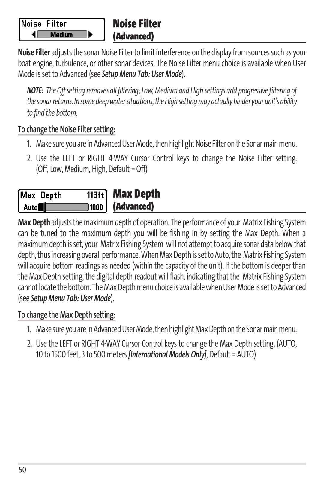 Humminbird 67 manual To change the Noise Filter setting, To change the Max Depth setting 