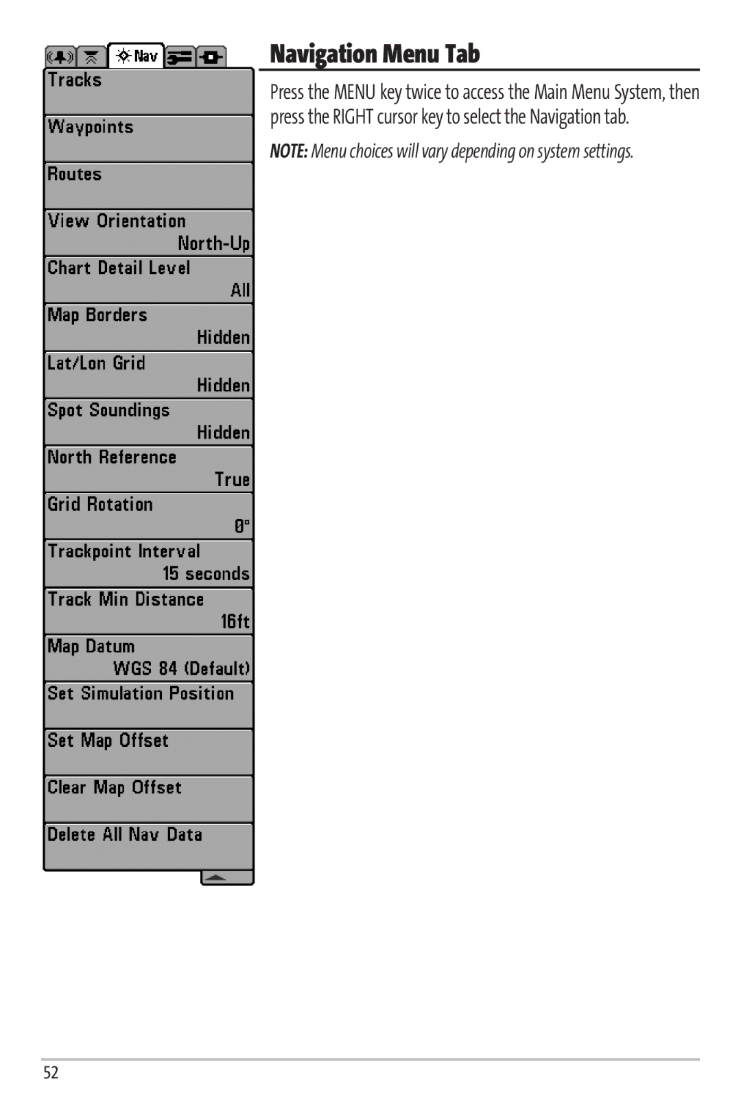 Humminbird 67 manual Navigation Menu Tab 