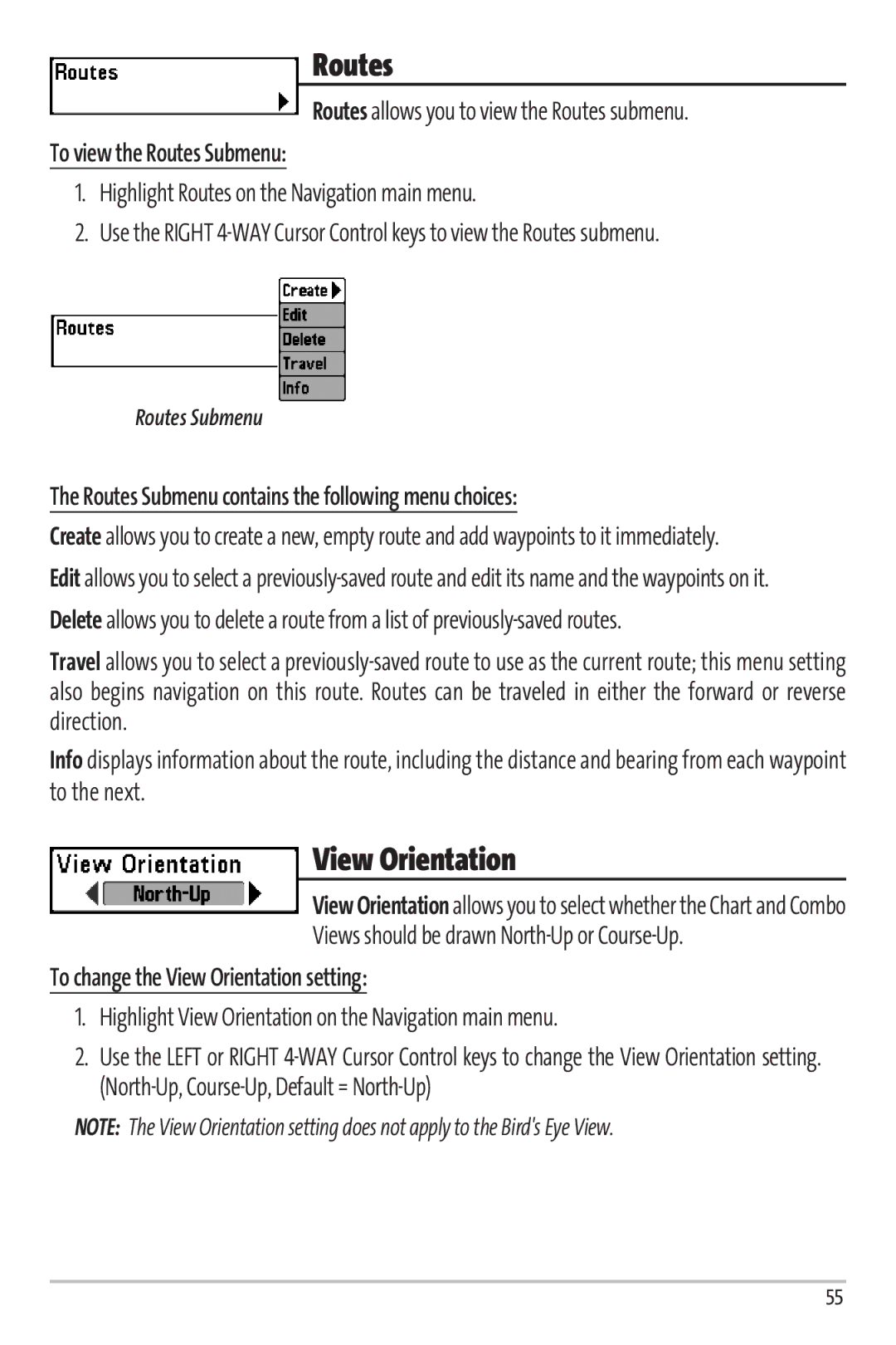 Humminbird 67 manual To view the Routes Submenu, Routes Submenu contains the following menu choices 