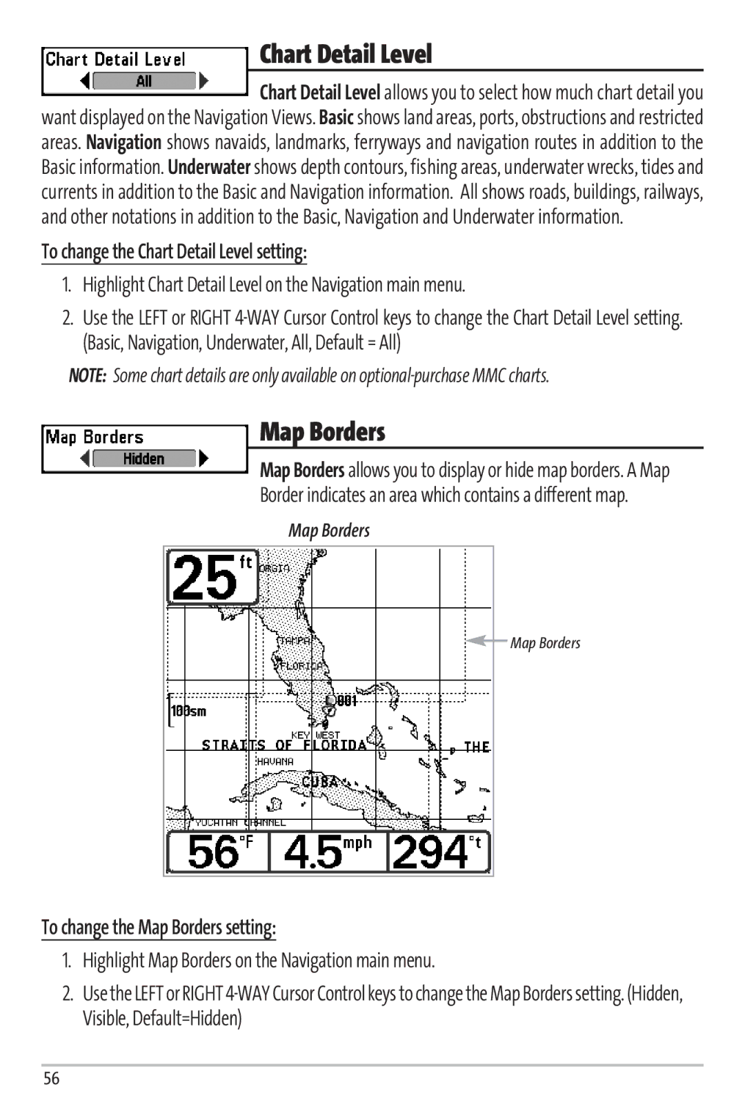 Humminbird 67 manual To change the Chart Detail Level setting, To change the Map Borders setting 