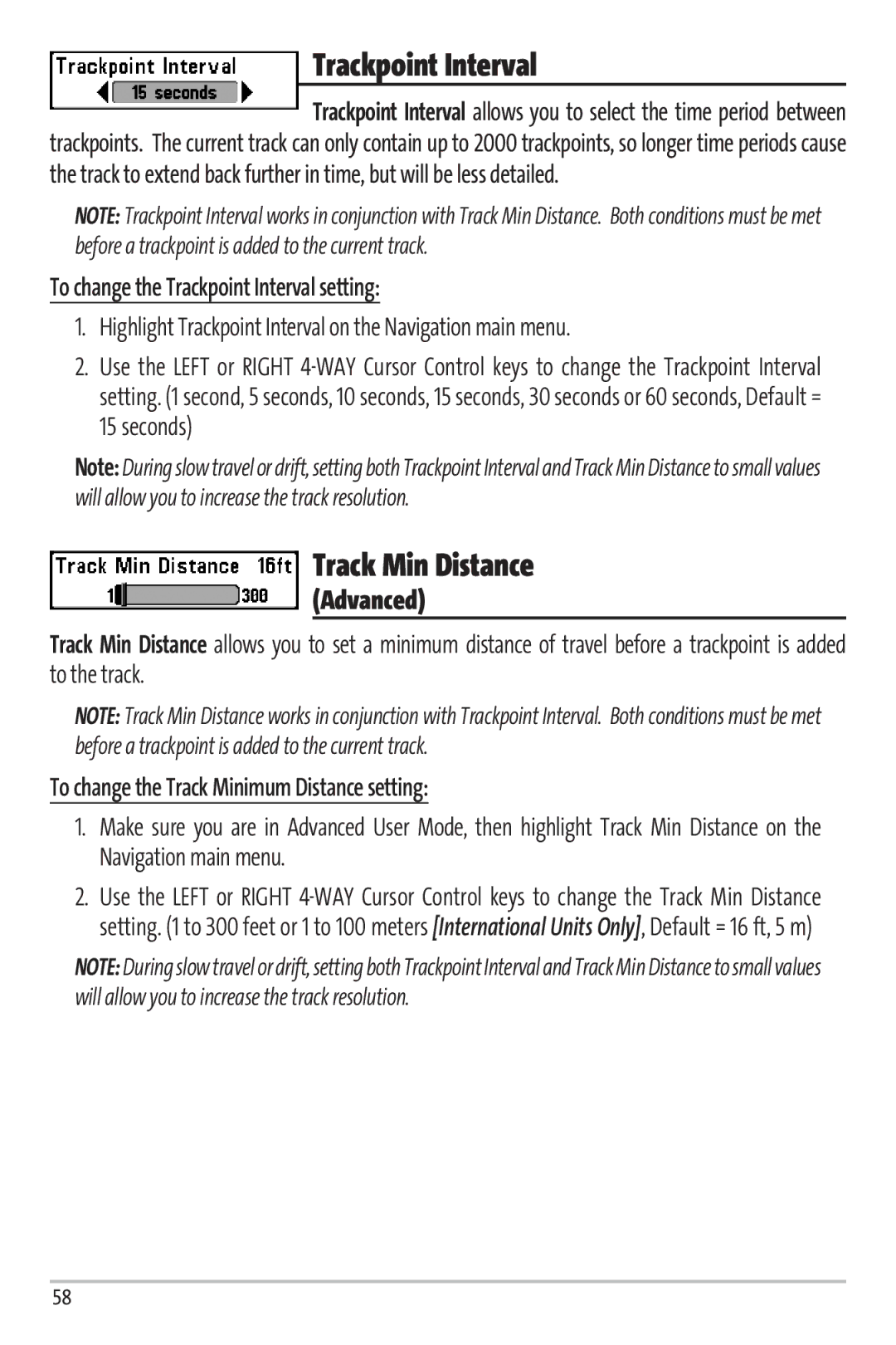 Humminbird 67 manual Track Min Distance, To change the Trackpoint Interval setting 