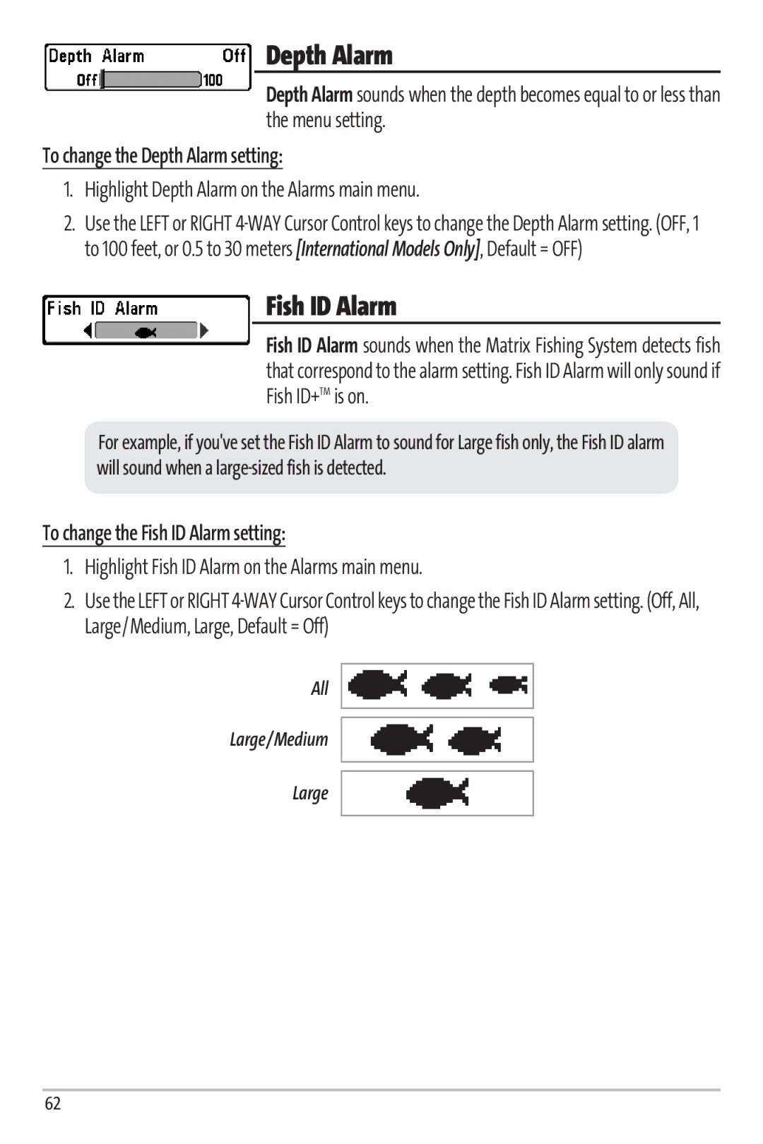 Humminbird 67 manual To change the Depth Alarm setting, To change the Fish ID Alarm setting 