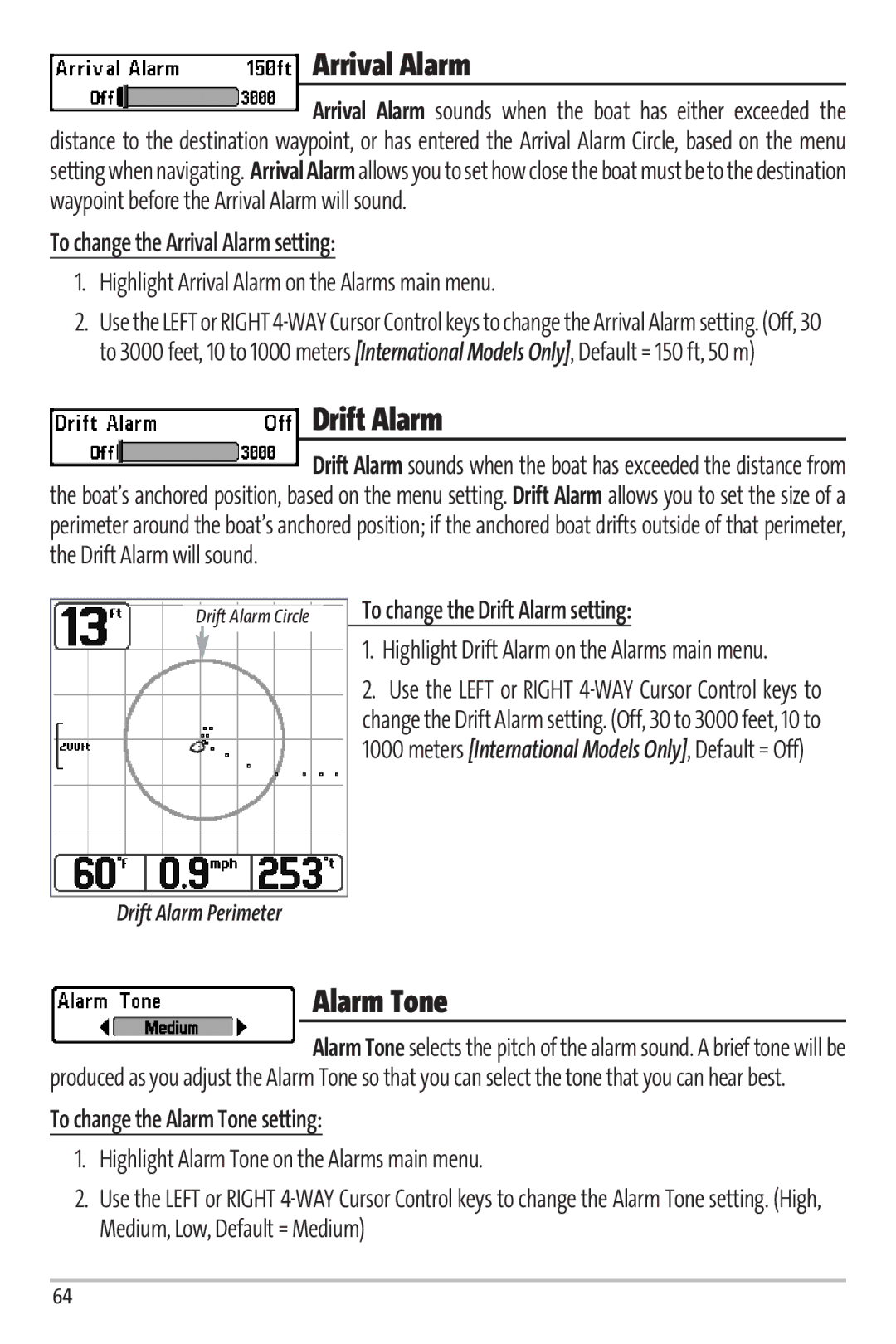 Humminbird 67 manual Arrival Alarm, Drift Alarm, Alarm Tone 