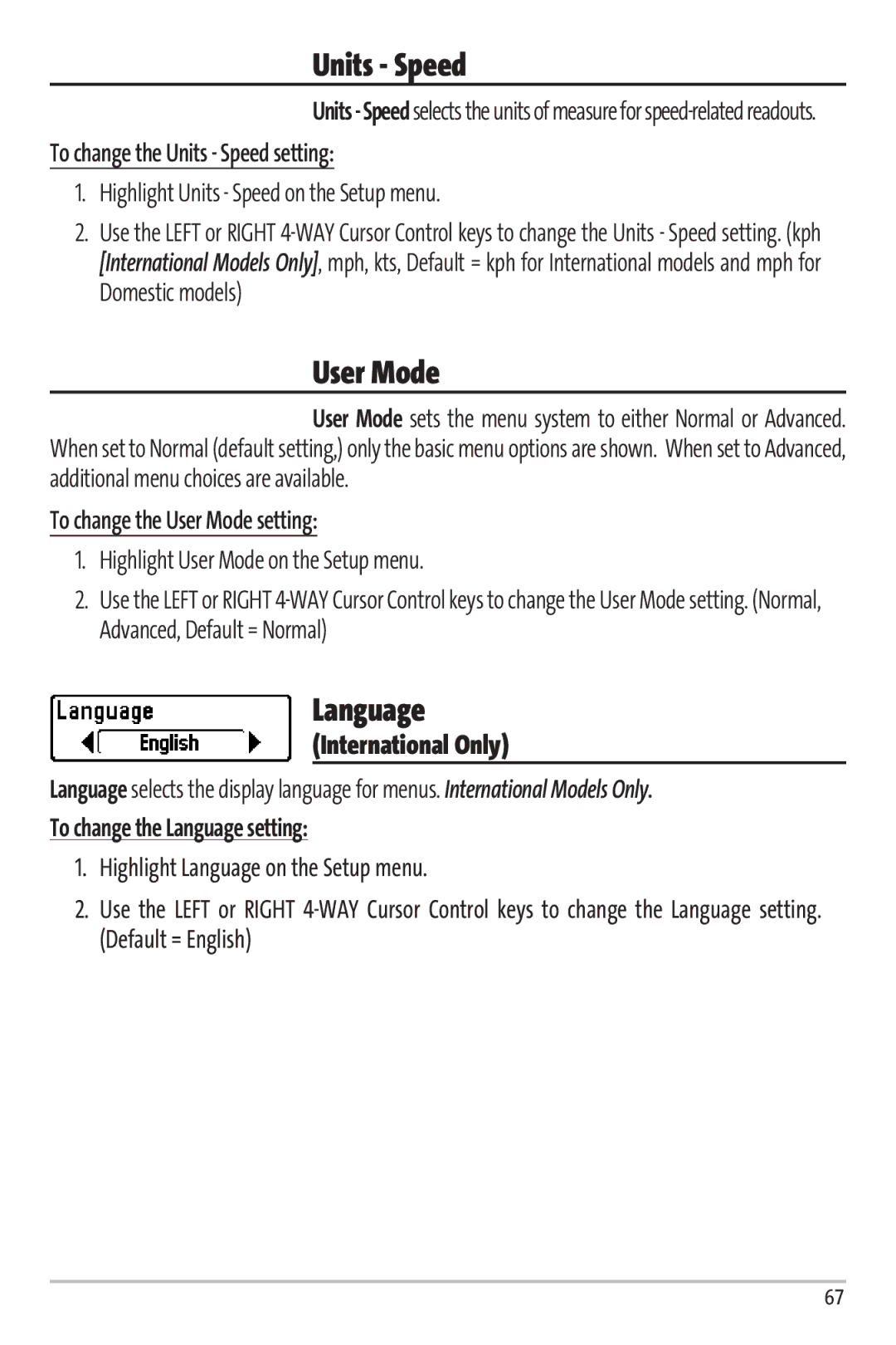 Humminbird 67 manual Units Speed, User Mode, Language 