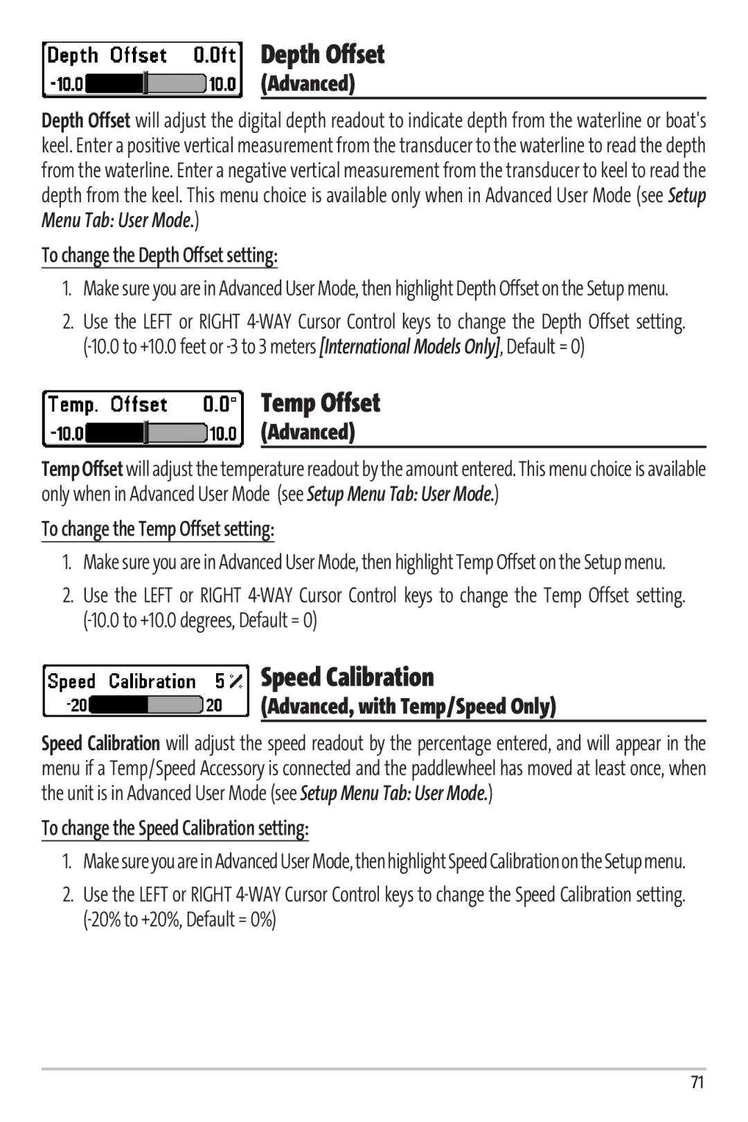 Humminbird 67 manual Depth Offset, Temp Offset, Speed Calibration 