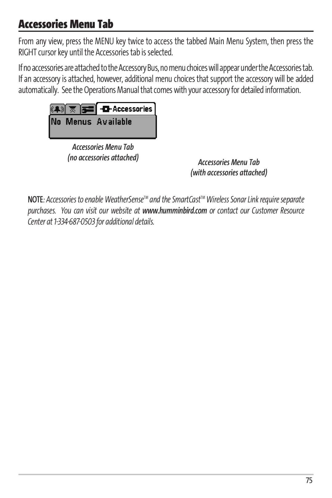 Humminbird 67 manual Accessories Menu Tab 