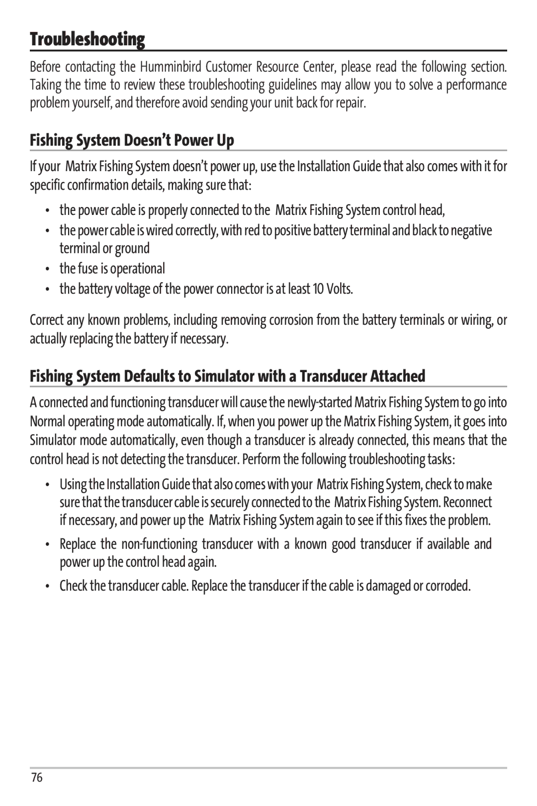 Humminbird 67 manual Troubleshooting, Fishing System Doesn’t Power Up 