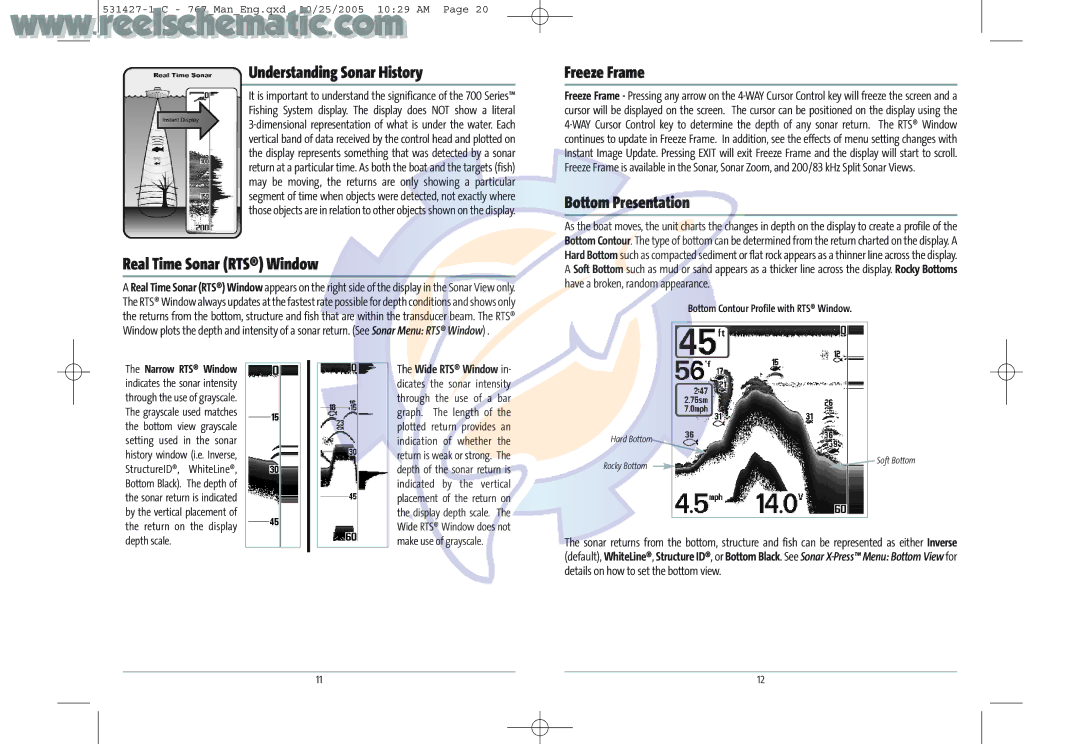 Humminbird 700 Understanding Sonar History, Real Time Sonar RTS Window, Freeze Frame, Bottom Presentation, Wide RTS Window 