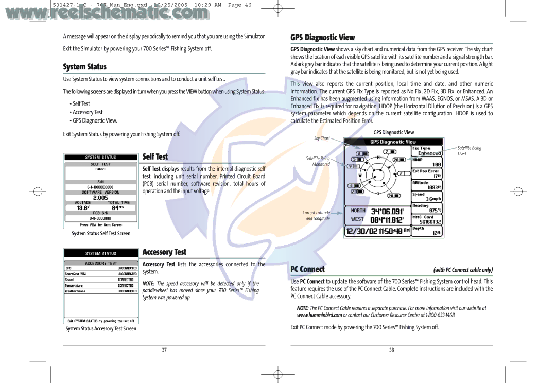 Humminbird 700 manual System Status, GPS Diagnostic View, Self Test, Accessory Test 