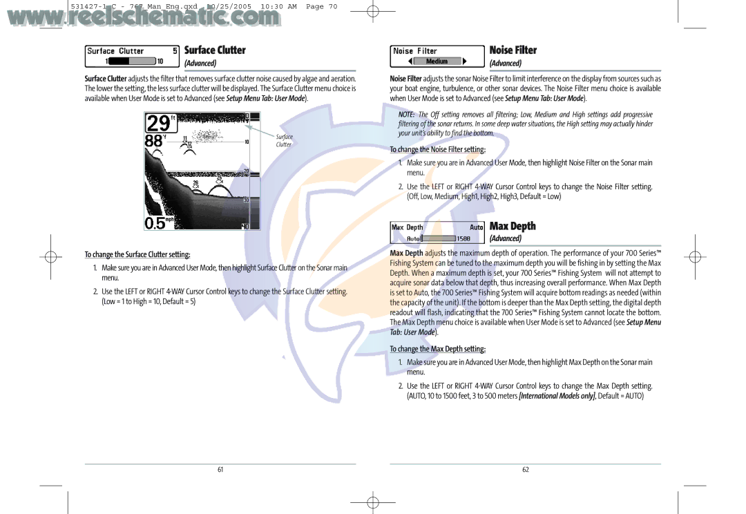 Humminbird 700 manual Surface Clutter, Noise Filter, Max Depth 