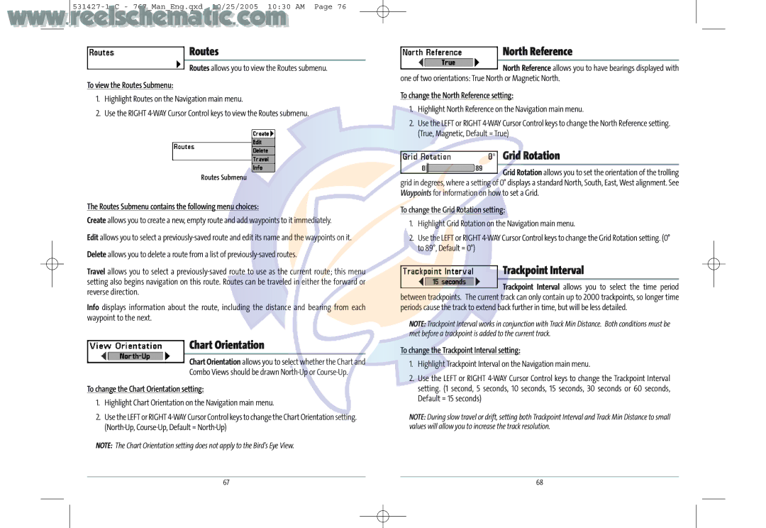 Humminbird 700 manual Routes, Chart Orientation, North Reference, Grid Rotation, Trackpoint Interval 