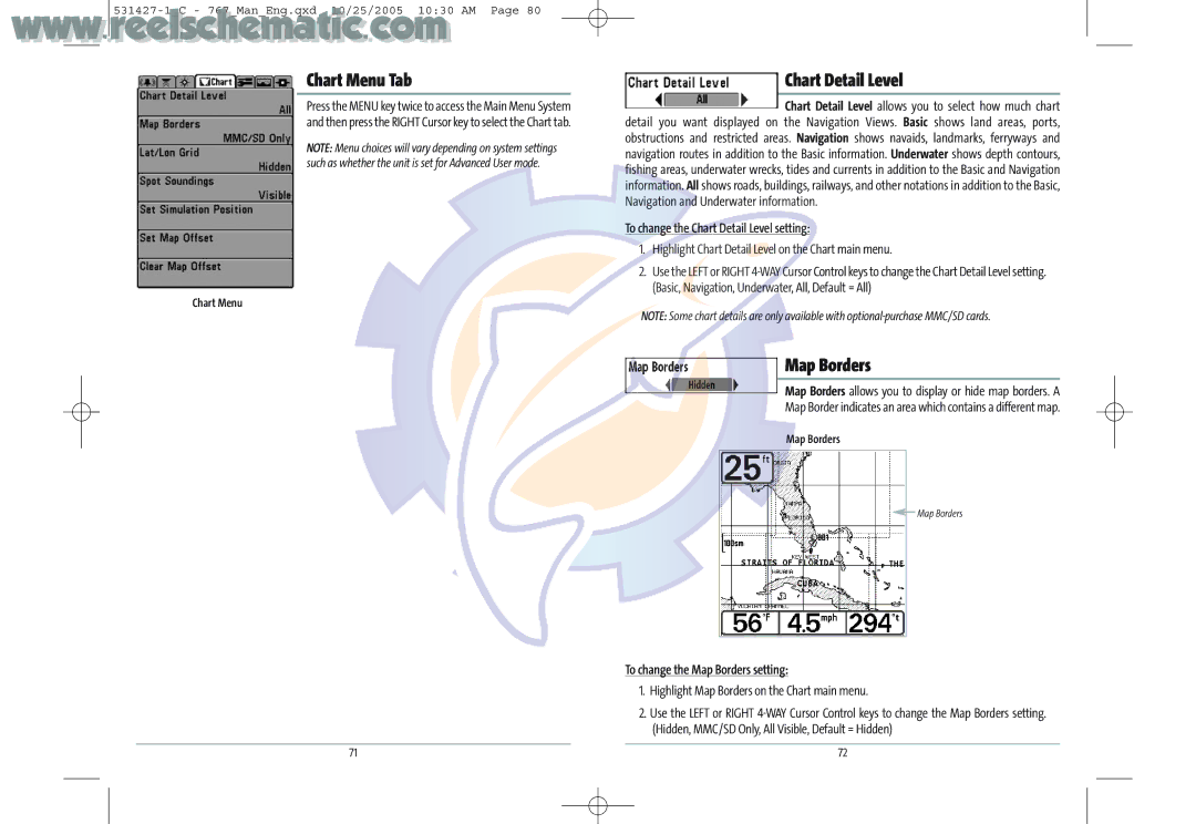 Humminbird 700 manual Chart Menu Tab, Map Borders, To change the Chart Detail Level setting 