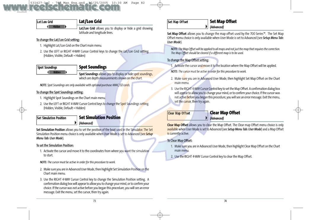Humminbird 700 manual Lat/Lon Grid, Spot Soundings, Set Simulation Position, Set Map Offset, Clear Map Offset 