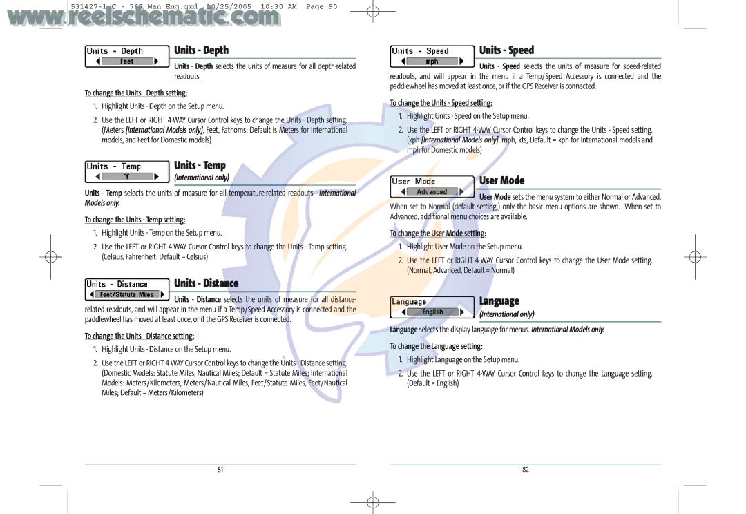 Humminbird 700 manual Units Depth, Units Temp, Units Distance, Units Speed, User Mode, Language 