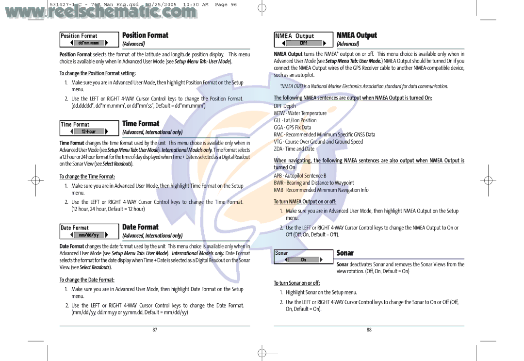 Humminbird 700 manual Position Format, Time Format, Date Format, Nmea Output, Sonar 