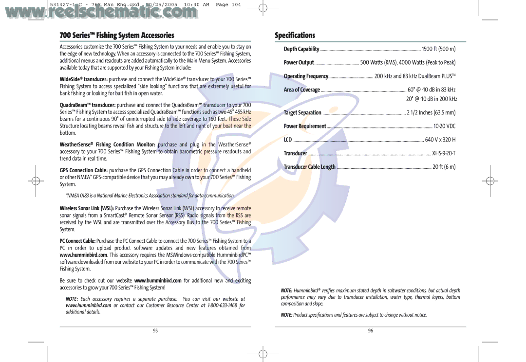 Humminbird 700 manual Series Fishing System Accessories, Specifications 