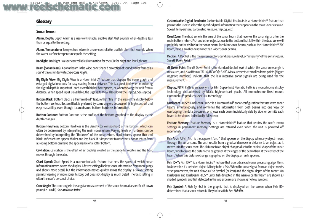 Humminbird 700 manual Glossary, Sonar Terms 